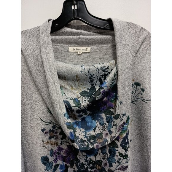 Indigo Soul Wearable Art Tunic Top Womens XL Gray Floral Embellished Cowl Neck - Picture 2 of 11